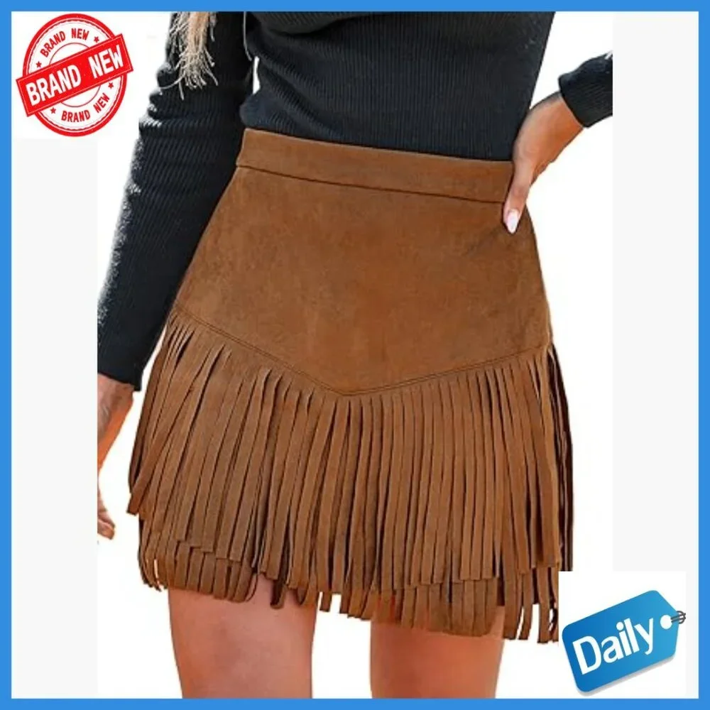 Western Fringe Suede Mini Skirt High Waist Tassel Country Concert